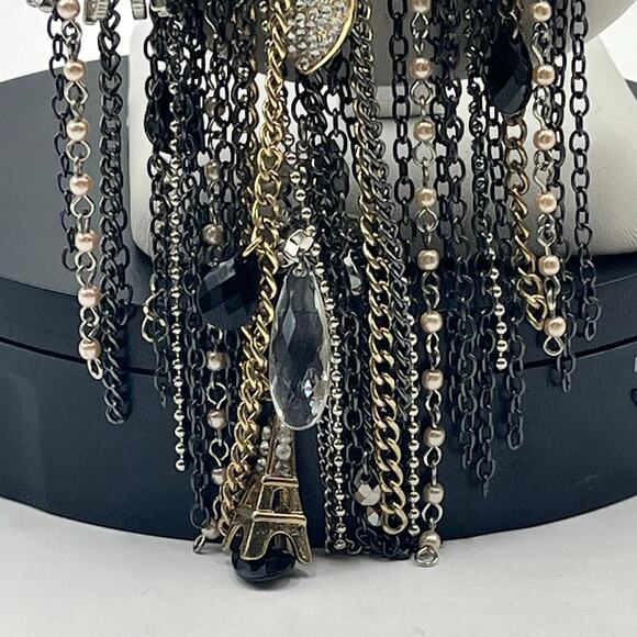 Black and Silver Rhinestone Bib Dangling Chain Charms Fringe Statement Necklace - Picture 5 of 9